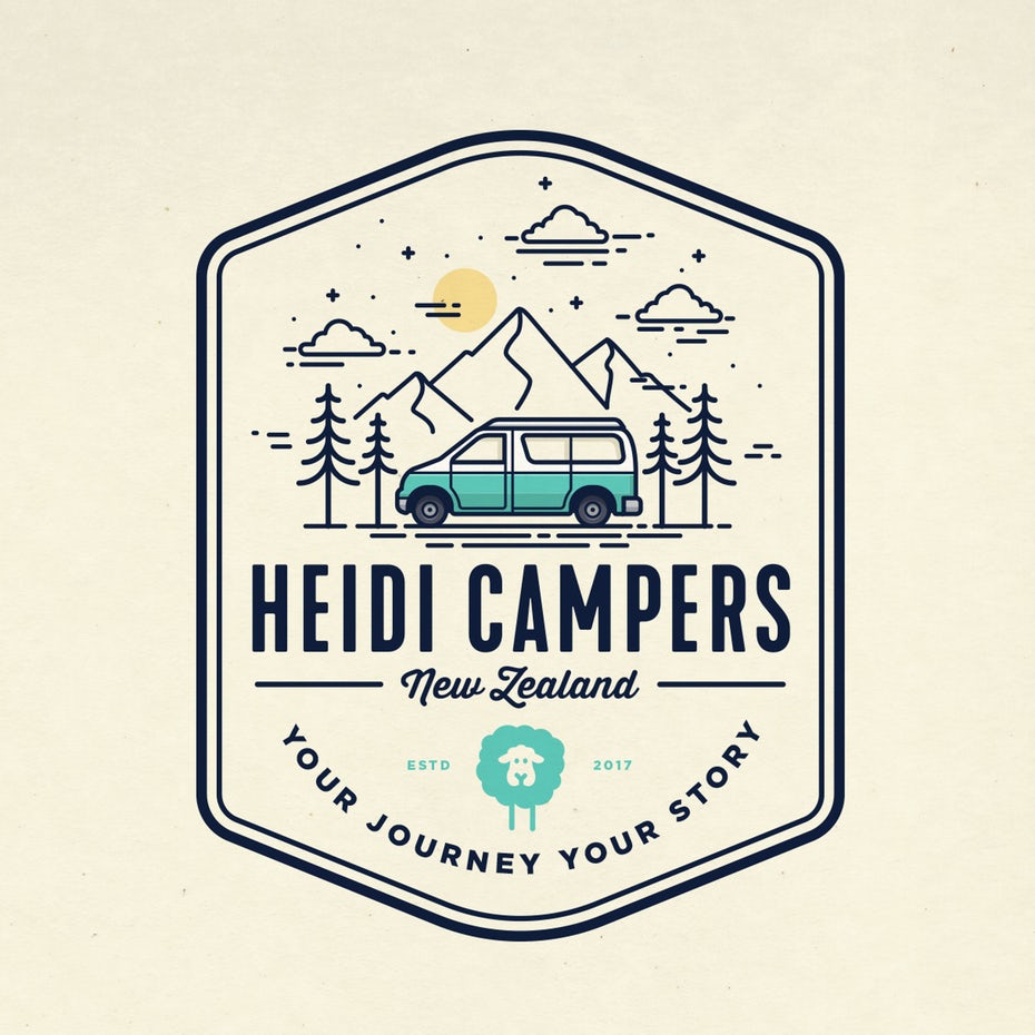 illustration of a camper driving past mountains and trees